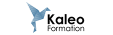 Logo du centre de formation Kaléo Formation avec son image origami oiseau en dégradé de bleus